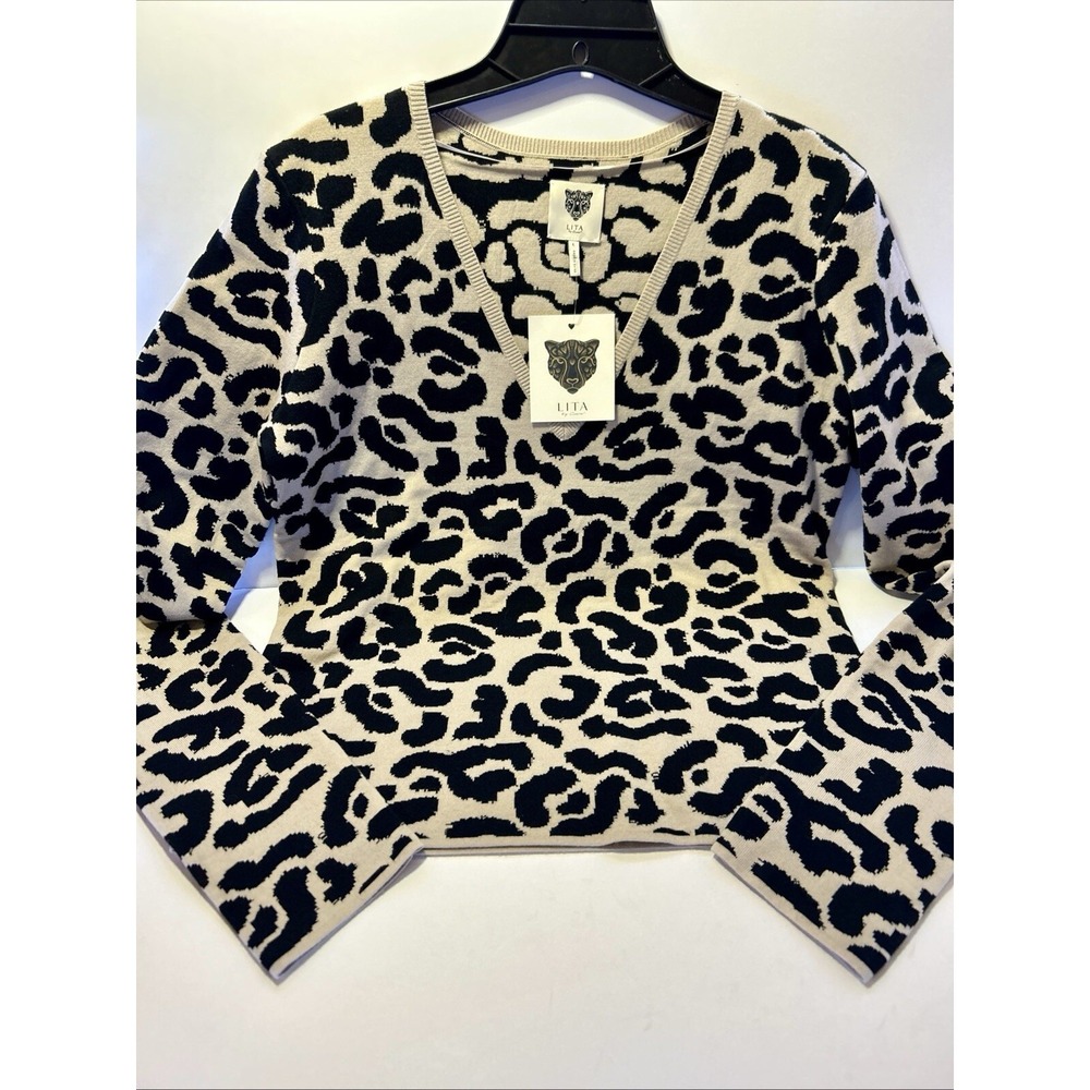 Lita by Ciara Wool Animal Print V-Neck Sweater Milk Black Women's Large NWT
